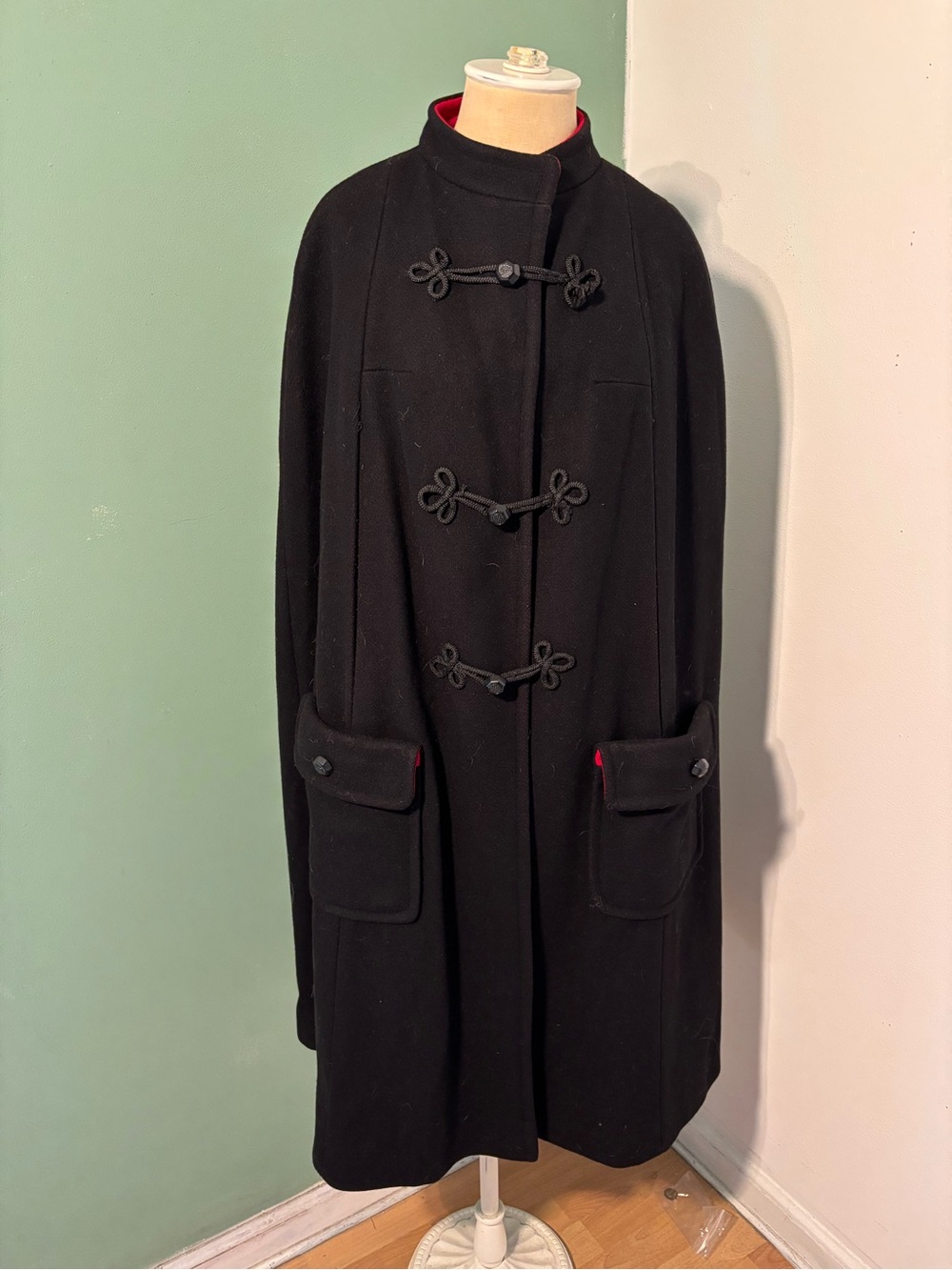 Vintage Woman’s Military Style Black Toggle Wool Cape with Red Lining